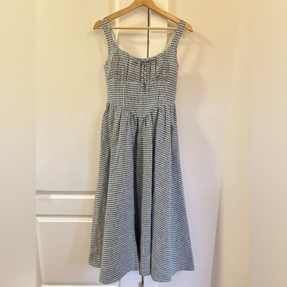 NEW Reformation Balia Midi Linen Dress in  Slate Check Plaid Navy White | size 4 - Picture 8 of 16